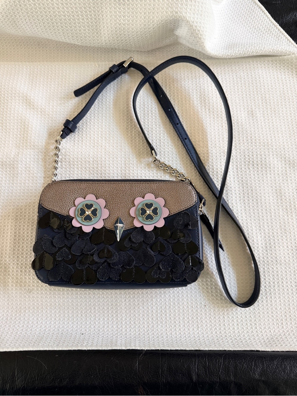 kate spade New York Zibbi Navy and Blush Owl Themed crossbody bag